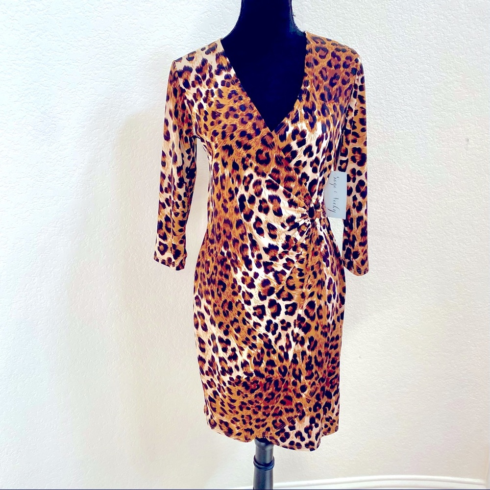 NWT Sage & Vicky Animal Print 3/4 Sleeve Faux Wrap Dress Size Medium